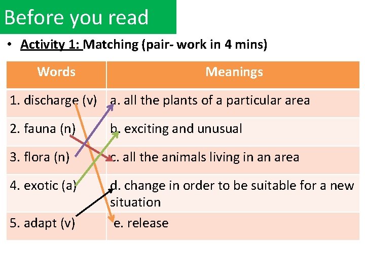 Before you read • Activity 1: Matching (pair- work in 4 mins) Words Meanings