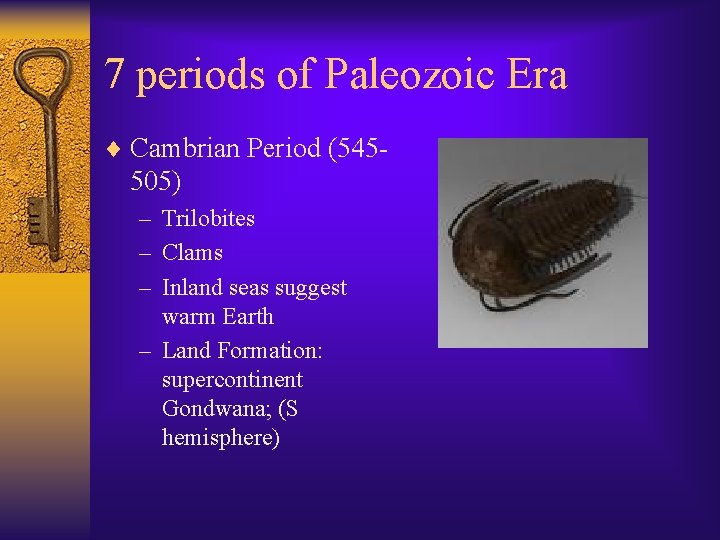 7 periods of Paleozoic Era ¨ Cambrian Period (545 - 505) – Trilobites –