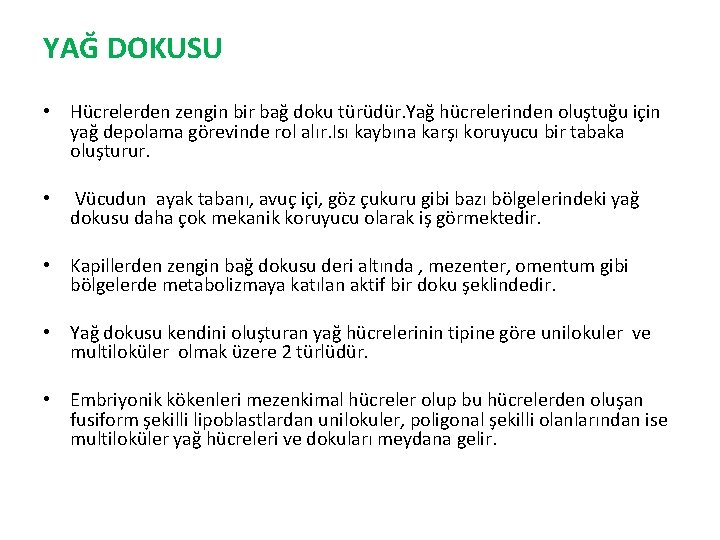 YAĞ DOKUSU • Hücrelerden zengin bir bağ doku türüdür. Yağ hücrelerinden oluştuğu için yağ