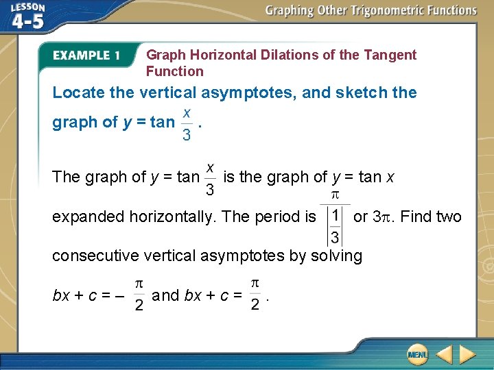 Graph Horizontal Dilations of the Tangent Function Locate the vertical asymptotes, and sketch the