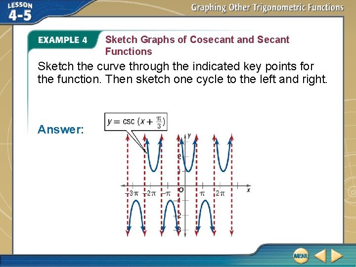 Sketch Graphs of Cosecant and Secant Functions Sketch the curve through the indicated key