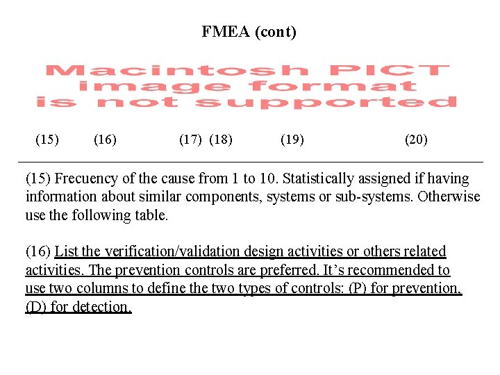 FMEA (cont) (15) (16) (17) (18) (19) (20) (15) Frecuency of the cause from