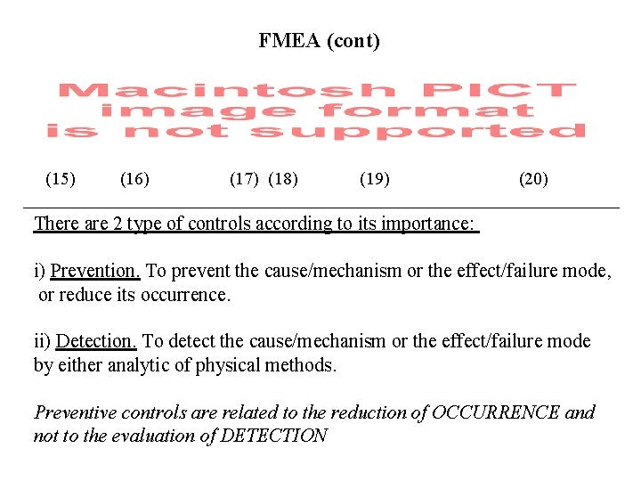 FMEA (cont) (15) (16) (17) (18) (19) (20) There are 2 type of controls