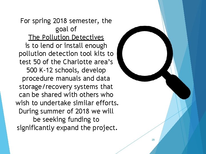 For spring 2018 semester, the goal of The Pollution Detectives is to lend or