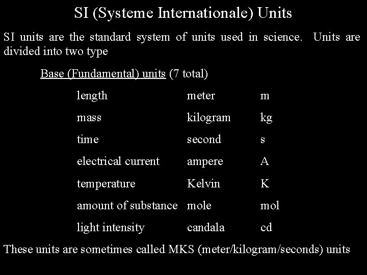 SI (Systeme Internationale) Units SI units are the standard system of units used in SI (Systeme Internationale) Units SI units are the standard system of units used in