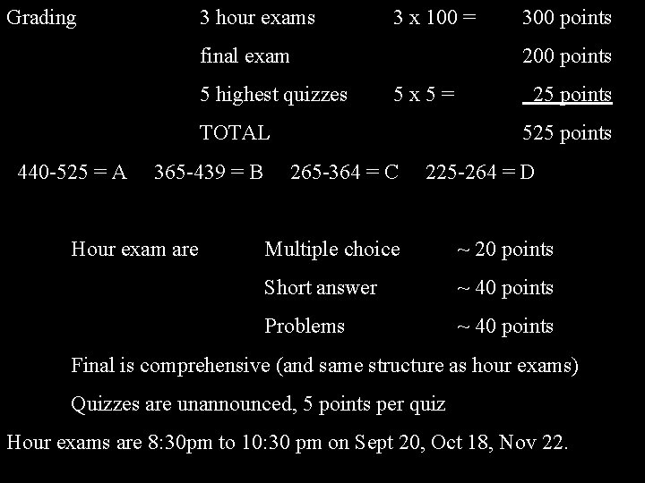 Grading 3 hour exams 3 x 100 = final exam 5 highest quizzes 200 Grading 3 hour exams 3 x 100 = final exam 5 highest quizzes 200