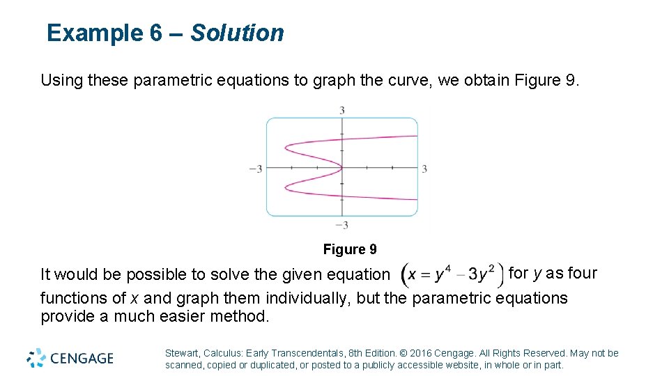 Example 6 – Solution Using these parametric equations to graph the curve, we obtain