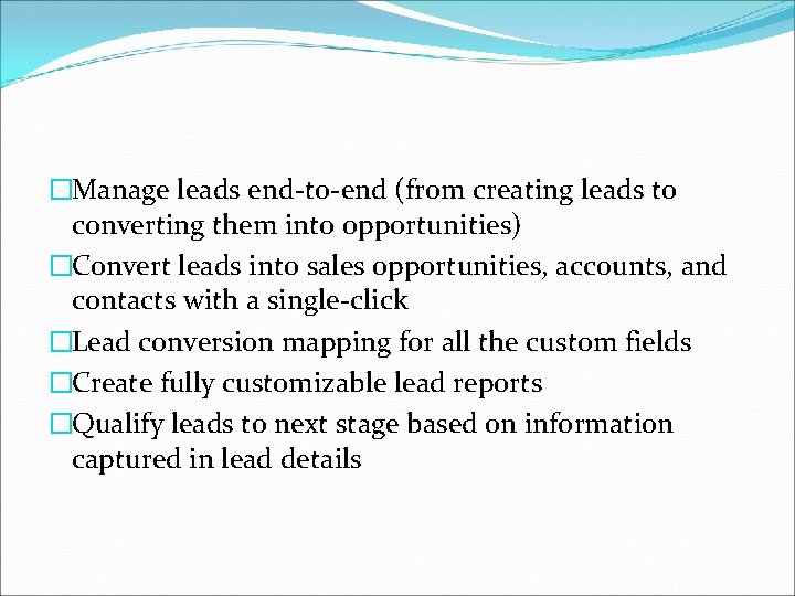 �Manage leads end-to-end (from creating leads to converting them into opportunities) �Convert leads into