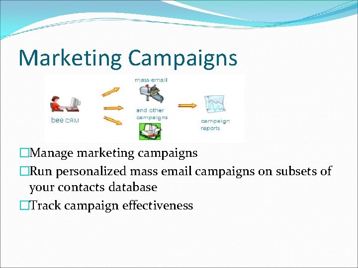 Marketing Campaigns �Manage marketing campaigns �Run personalized mass email campaigns on subsets of your