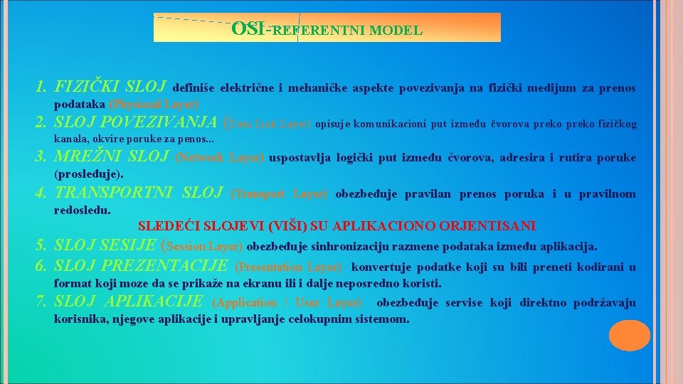 OSI-REFERENTNI MODEL 1. FIZIČKI SLOJ definiše električne i mehaničke aspekte povezivanja na fizički medijum