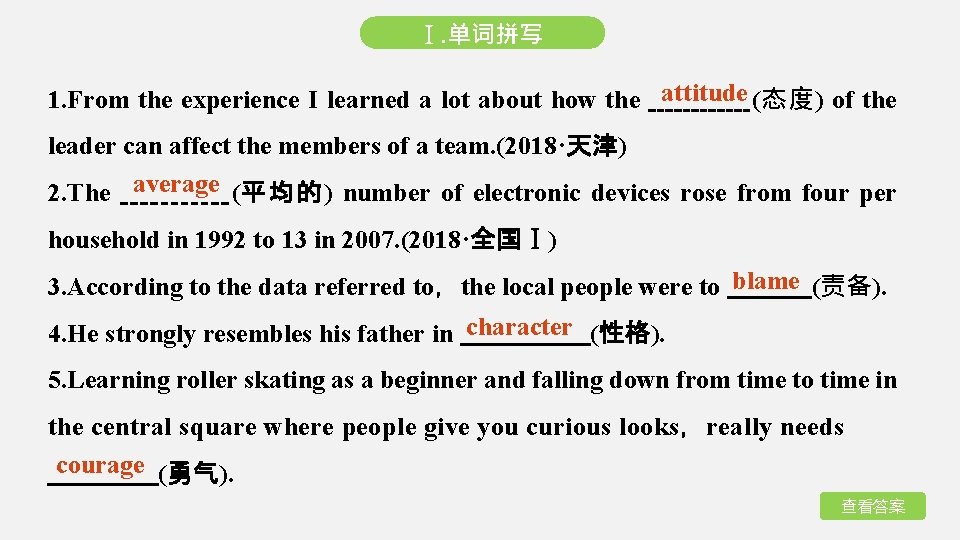 Ⅰ. 单词拼写 1. From the experience I learned a lot about how the attitude
