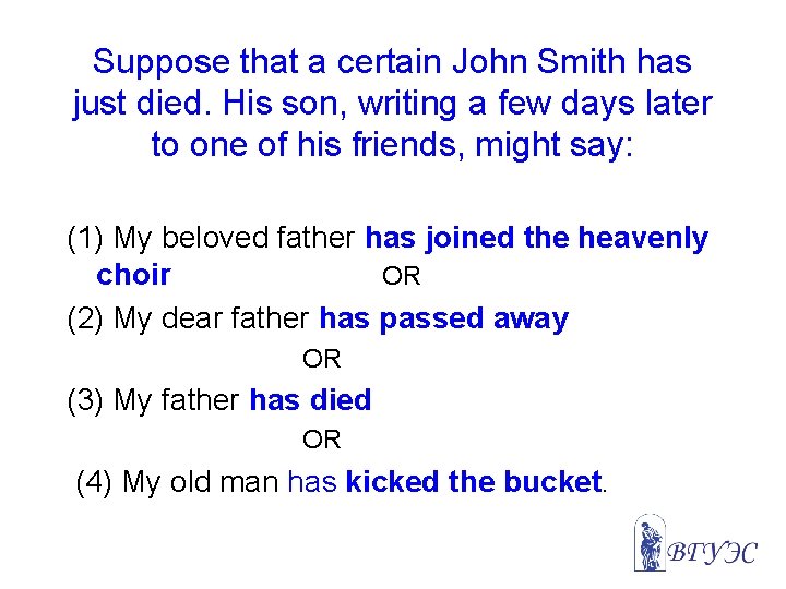 Suppose that a certain John Smith has just died. His son, writing a few