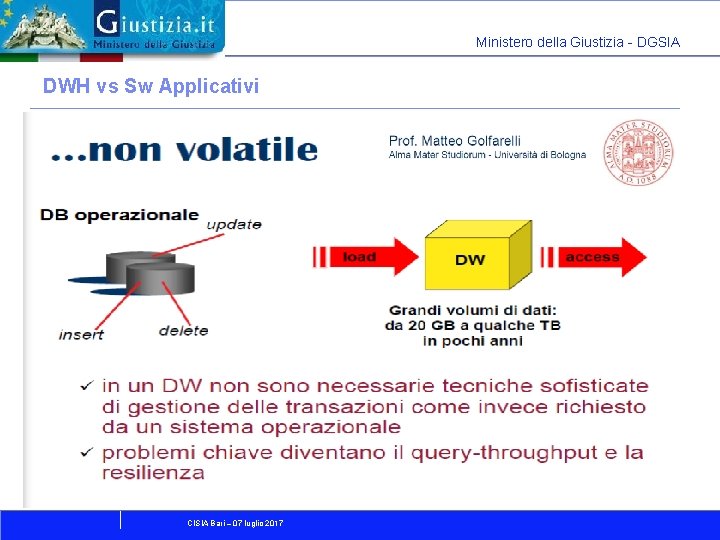 Ministero della Giustizia - DGSIA DWH vs Sw Applicativi CISIA Bari – 07 luglio
