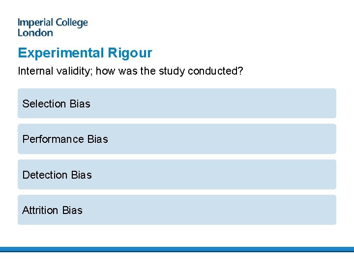 Experimental Rigour Internal validity; how was the study conducted? Selection Bias Performance Bias Detection