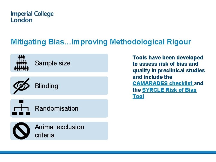 Mitigating Bias…Improving Methodological Rigour Sample size Blinding Randomisation Animal exclusion criteria Tools have been