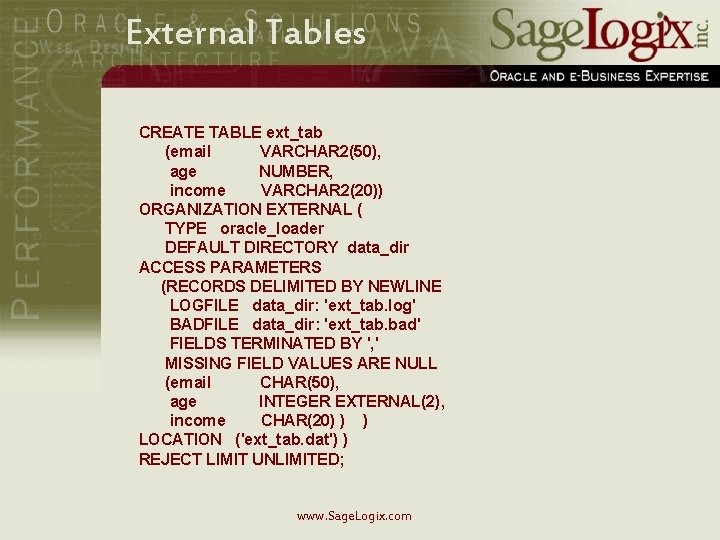 External Tables CREATE TABLE ext_tab (email VARCHAR 2(50), age NUMBER, income VARCHAR 2(20)) ORGANIZATION