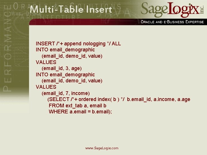 Multi-Table Insert INSERT /*+ append nologging */ ALL INTO email_demographic (email_id, demo_id, value) VALUES
