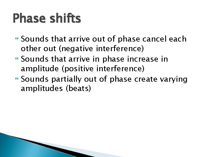 Phase shifts Sounds that arrive out of phase cancel each other out (negative interference)