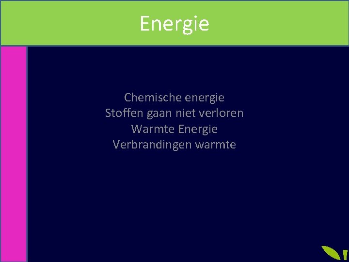 Energie Chemische energie Stoffen gaan niet verloren Warmte Energie Verbrandingen warmte 