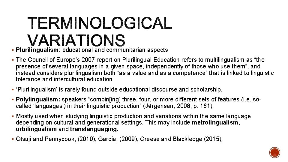 § Plurilingualism: educational and communitarian aspects § The Council of Europe’s 2007 report on
