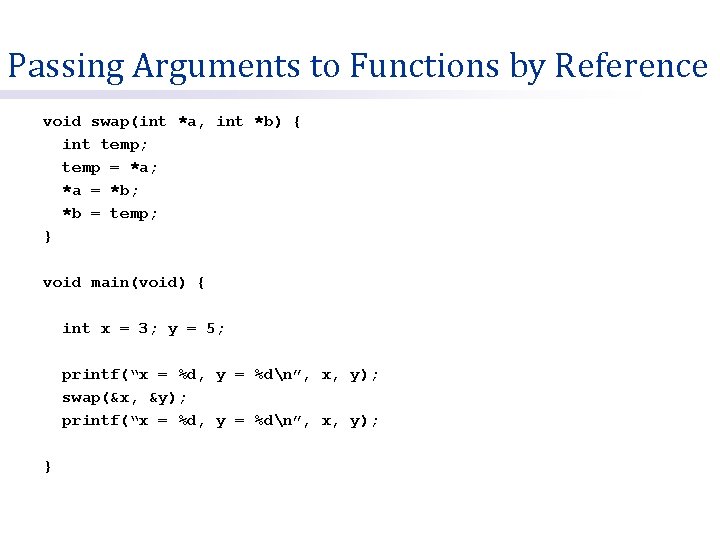 Passing Arguments to Functions by Reference void swap(int *a, int *b) { int temp;