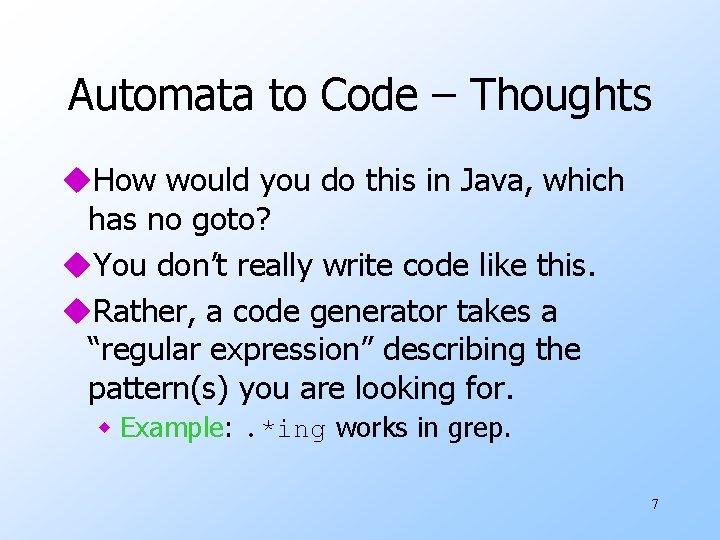 Automata to Code – Thoughts u. How would you do this in Java, which