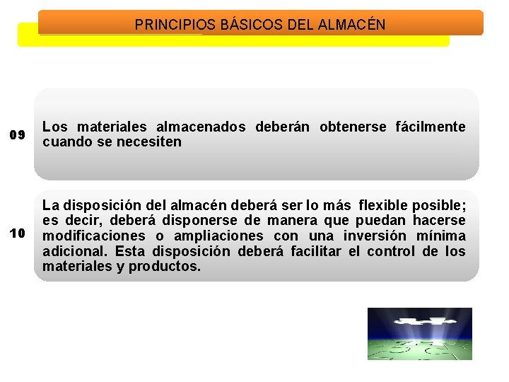 PRINCIPIOS BÁSICOS DEL ALMACÉN 09 Los materiales almacenados deberán obtenerse fácilmente cuando se necesiten