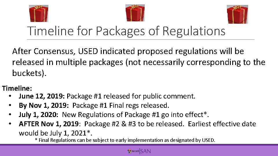 Timeline for Packages of Regulations After Consensus, USED indicated proposed regulations will be released