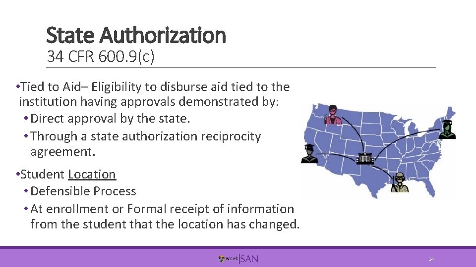 State Authorization 34 CFR 600. 9(c) • Tied to Aid– Eligibility to disburse aid