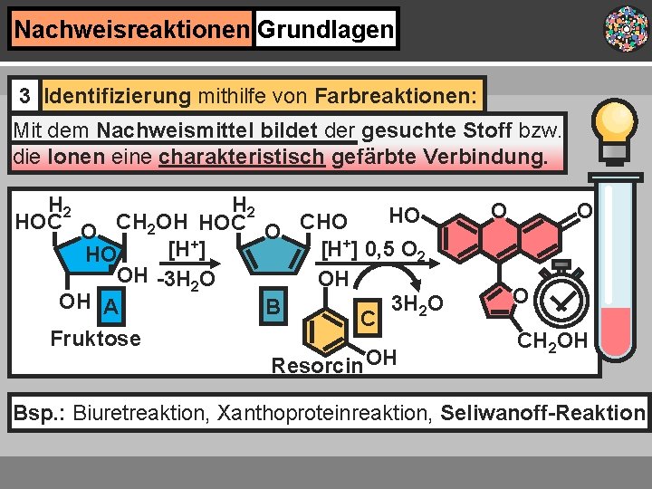 Nachweisreaktionen Grundlagen 3 Identifizierung mithilfe von Farbreaktionen: Mit dem Nachweismittel bildet der gesuchte Stoff