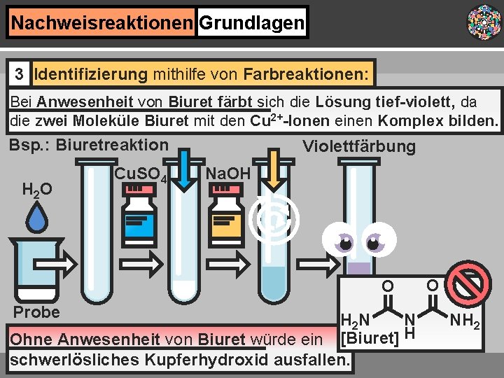 Nachweisreaktionen Grundlagen 3 Identifizierung mithilfe von Farbreaktionen: Bei Anwesenheit von Biuret färbt sich die