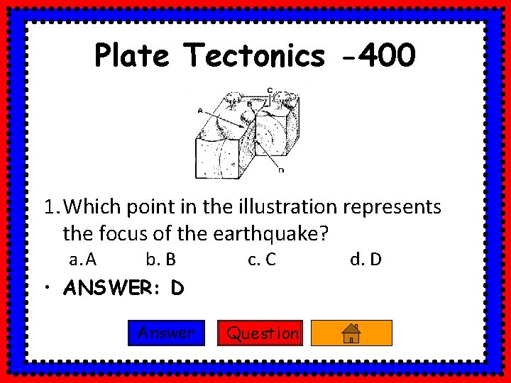 Plate Tectonics -400 1. Which point in the illustration represents the focus of the