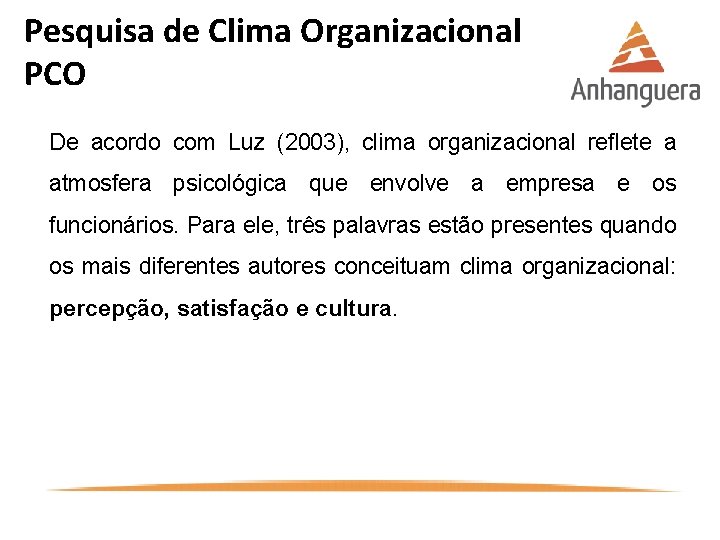 Pesquisa de Clima Organizacional PCO De acordo com Luz (2003), clima organizacional reflete a