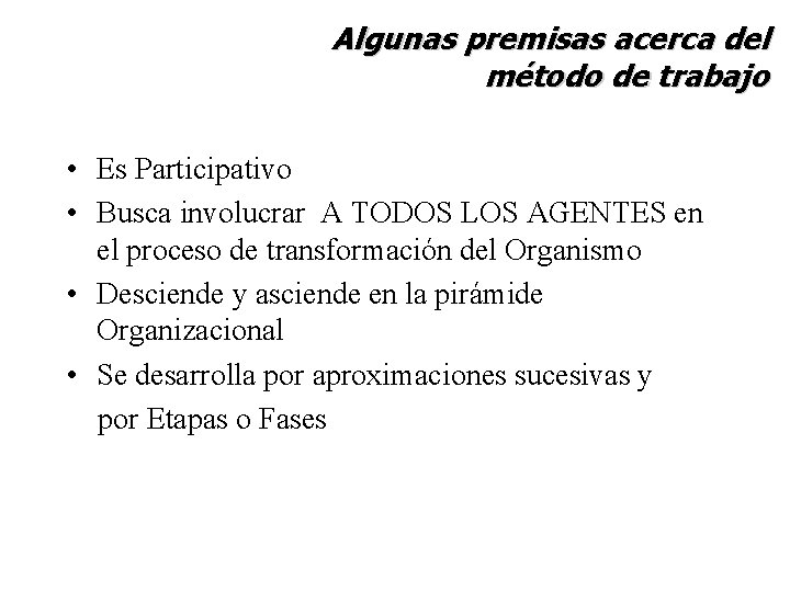 Algunas premisas acerca del método de trabajo • Es Participativo • Busca involucrar A