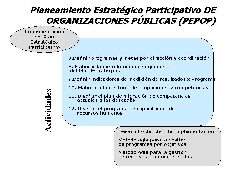 Planeamiento Estratégico Participativo DE ORGANIZACIONES PÚBLICAS (PEPOP) Implementación del Plan Estratégico Participativo 7. Definir