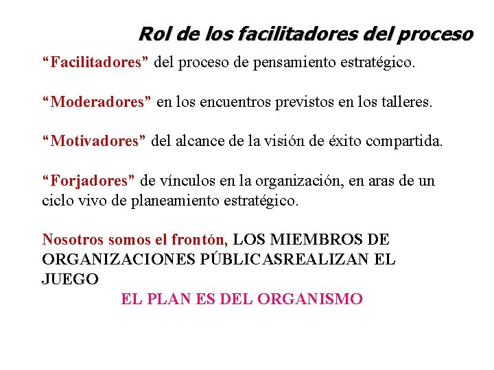 Rol de los facilitadores del proceso “Facilitadores” del proceso de pensamiento estratégico. “Moderadores” en