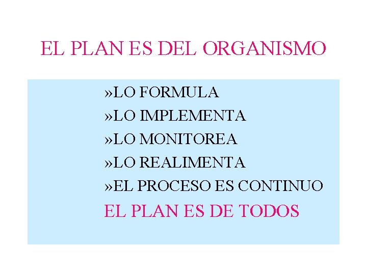 EL PLAN ES DEL ORGANISMO » LO FORMULA » LO IMPLEMENTA » LO MONITOREA