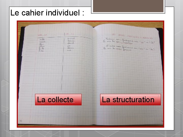 Le cahier individuel : La collecte La structuration 