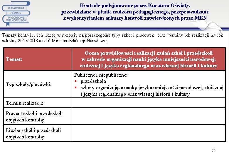 Kontrole podejmowane przez Kuratora Oświaty, przewidziane w planie nadzoru pedagogicznego, przeprowadzane z wykorzystaniem arkuszy