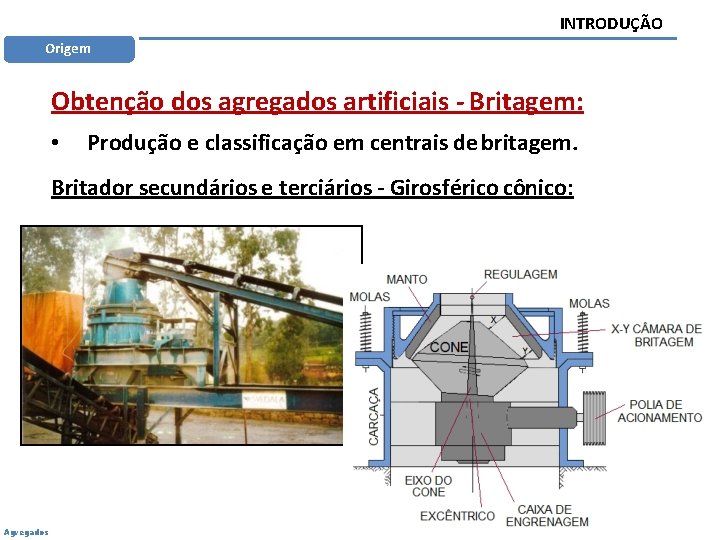 INTRODUÇÃO Origem Obtenção dos agregados artificiais - Britagem: • Produção e classificação em centrais