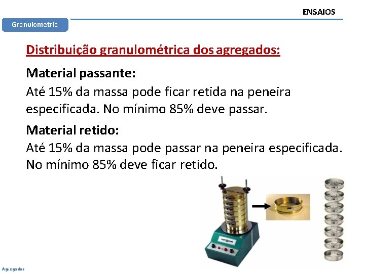 ENSAIOS Granulometria Distribuição granulométrica dos agregados: Material passante: Até 15% da massa pode ficar