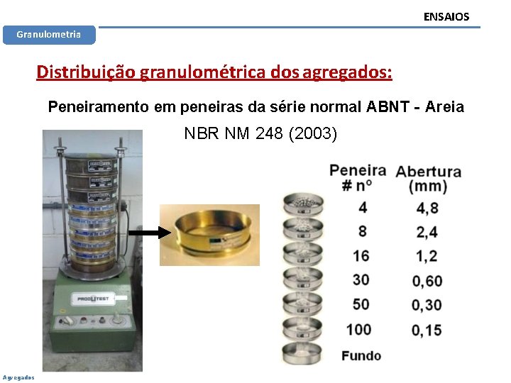 ENSAIOS Granulometria Distribuição granulométrica dos agregados: Peneiramento em peneiras da série normal ABNT -