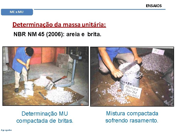 ENSAIOS ME x MU Determinação da massa unitária: NBR NM 45 (2006): areia e