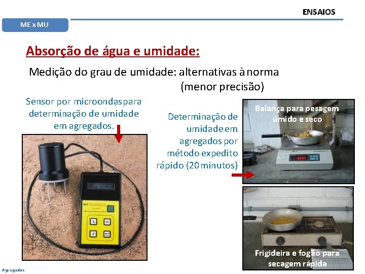 ENSAIOS ME x MU Absorção de água e umidade: Medição do grau de umidade: