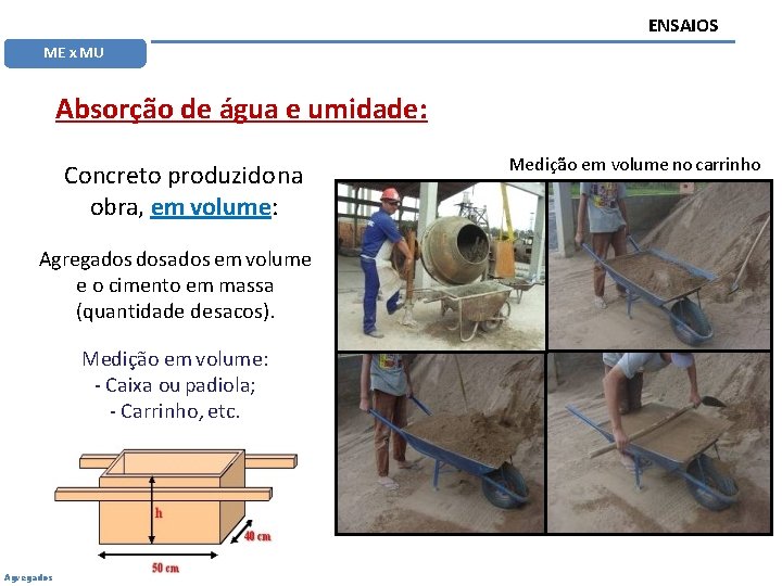 ENSAIOS ME x MU Absorção de água e umidade: Concreto produzido na obra, em