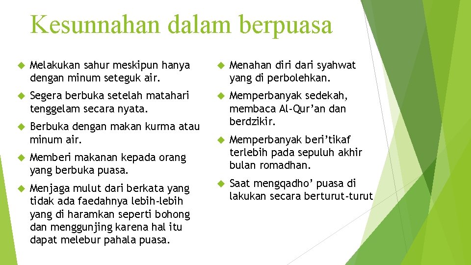 Kesunnahan dalam berpuasa Melakukan sahur meskipun hanya dengan minum seteguk air. Menahan diri dari