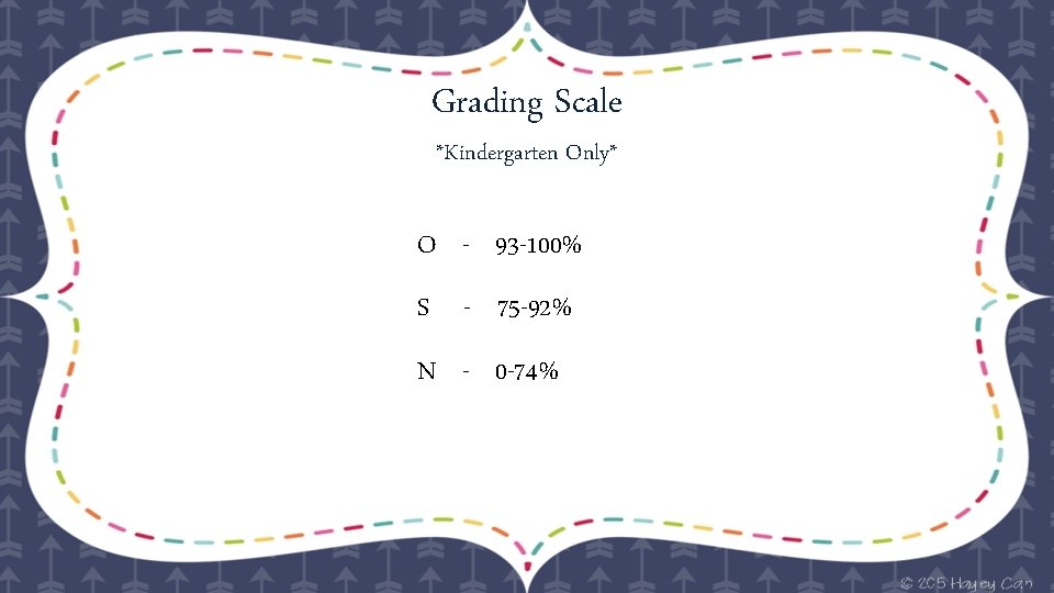 Grading Scale *Kindergarten Only* O - 93 -100% S - 75 -92% N -