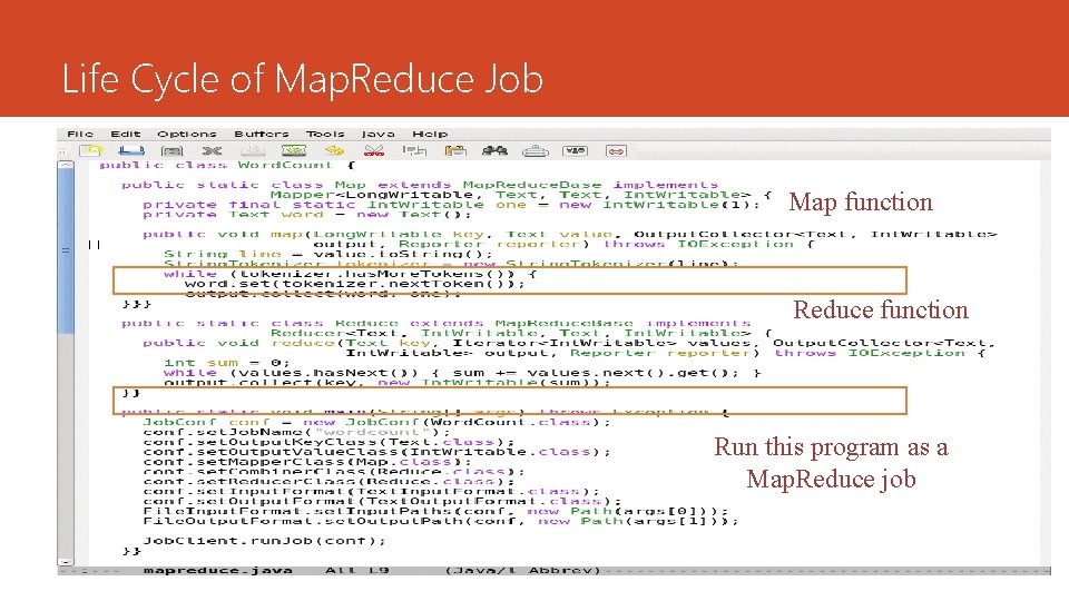 Life Cycle of Map. Reduce Job Map function Reduce function Run this program as