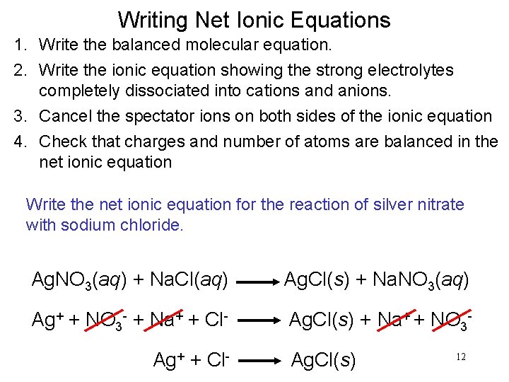 Writing Net Ionic Equations 1. Write the balanced molecular equation. 2. Write the ionic