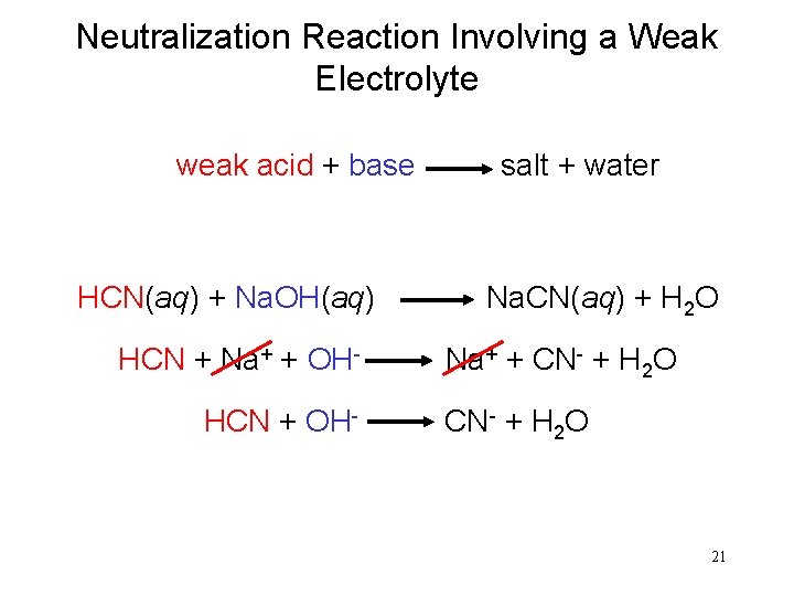 Neutralization Reaction Involving a Weak Electrolyte weak acid + base HCN(aq) + Na. OH(aq)